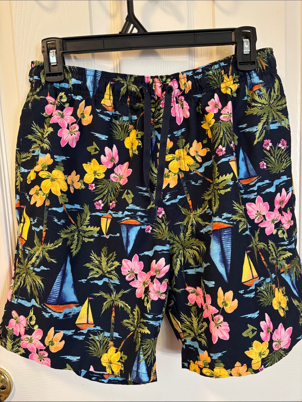 Old Navy Dark Navy Blue Tropical Floral Swim Shorts with Pink & Yellow Accents